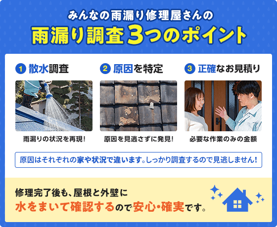 散水調査、原因を特定、正確なお見積りでしっかり雨漏り対策を行います。