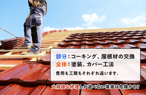 部分修理ではコーキング、屋根材の交換など。全体修理では塗装、カバー工法など。大規模な修理しか選べない業者は危険かもしれません