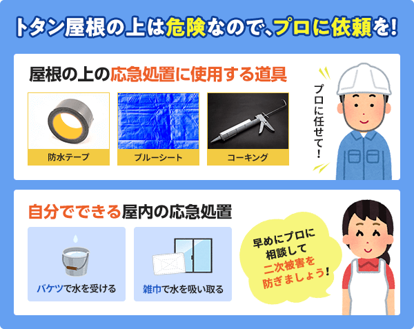 トタン屋根の上は危険なので、処置はプロにお願いしましょう