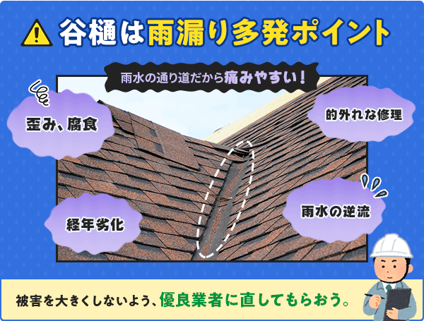 谷樋は雨漏り多発ポイント。雨水の通り道だから痛みやすい。