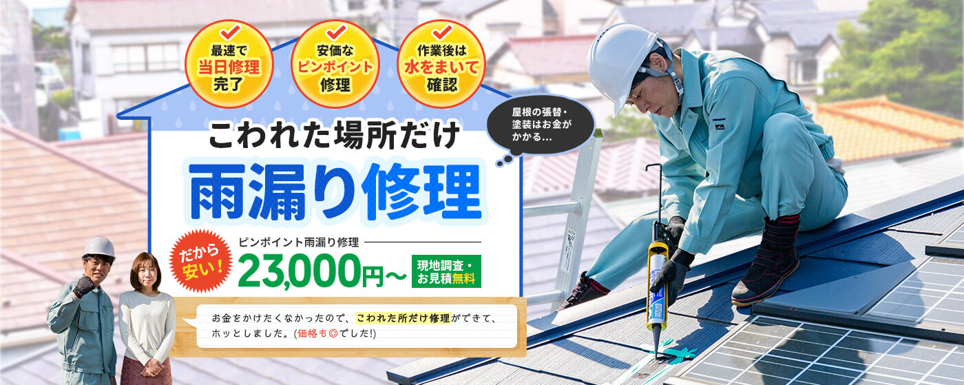 壊れた場所だけ雨漏り修理します。最速で当日修理完了。安価なピンポイント修理。作業後は水をまいて確認。ピンポイント雨漏り修理は23,000円からです。お金をかけたくない人にもおすすめです。見積無料です。