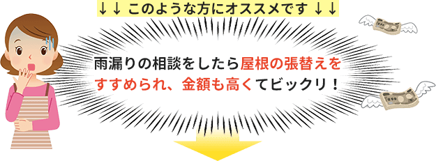 雨漏りの相談をしたら屋根の張替えをすすめられ、金額も高くてビックリしたお客様におすすめです