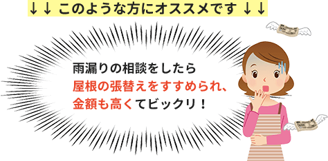 高額な屋根の張替えをすすめられて驚いている方にオススメです。