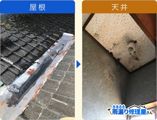 雨漏りを放置した築45年の家の屋根と天井